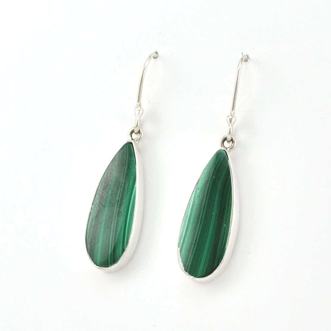 Side View Silver Malachite Tear Dangle Earrings