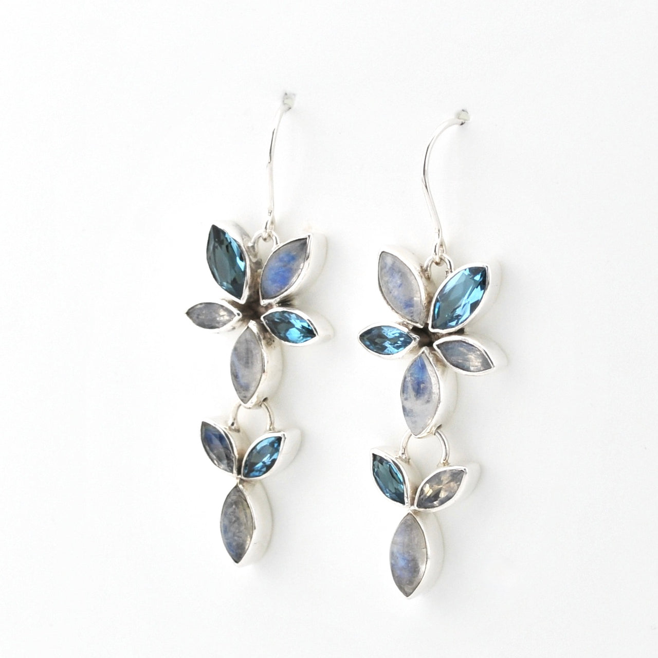 Silver Moonstone Blue Topaz Marquise Earrings on white background