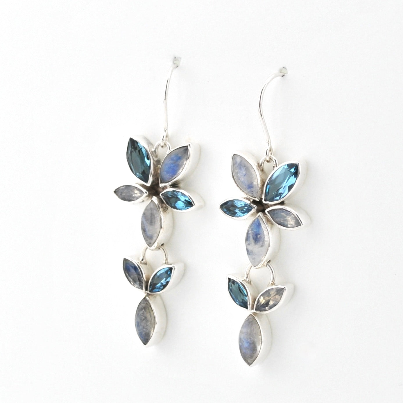 Silver Moonstone Blue Topaz Marquise Earrings on white background