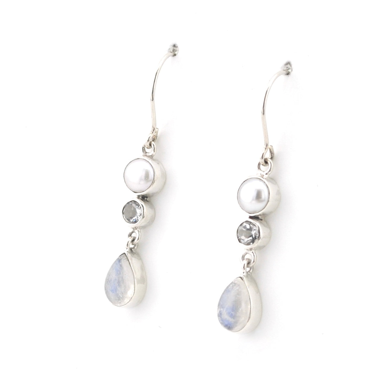 Silver Moonstone White Topaz Pearl Dangle Earring on white background