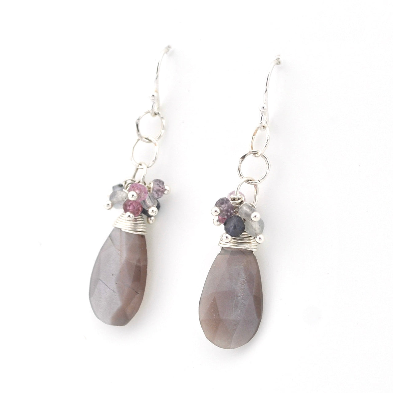 Side View Silver Moonstone with Spinel Earrings