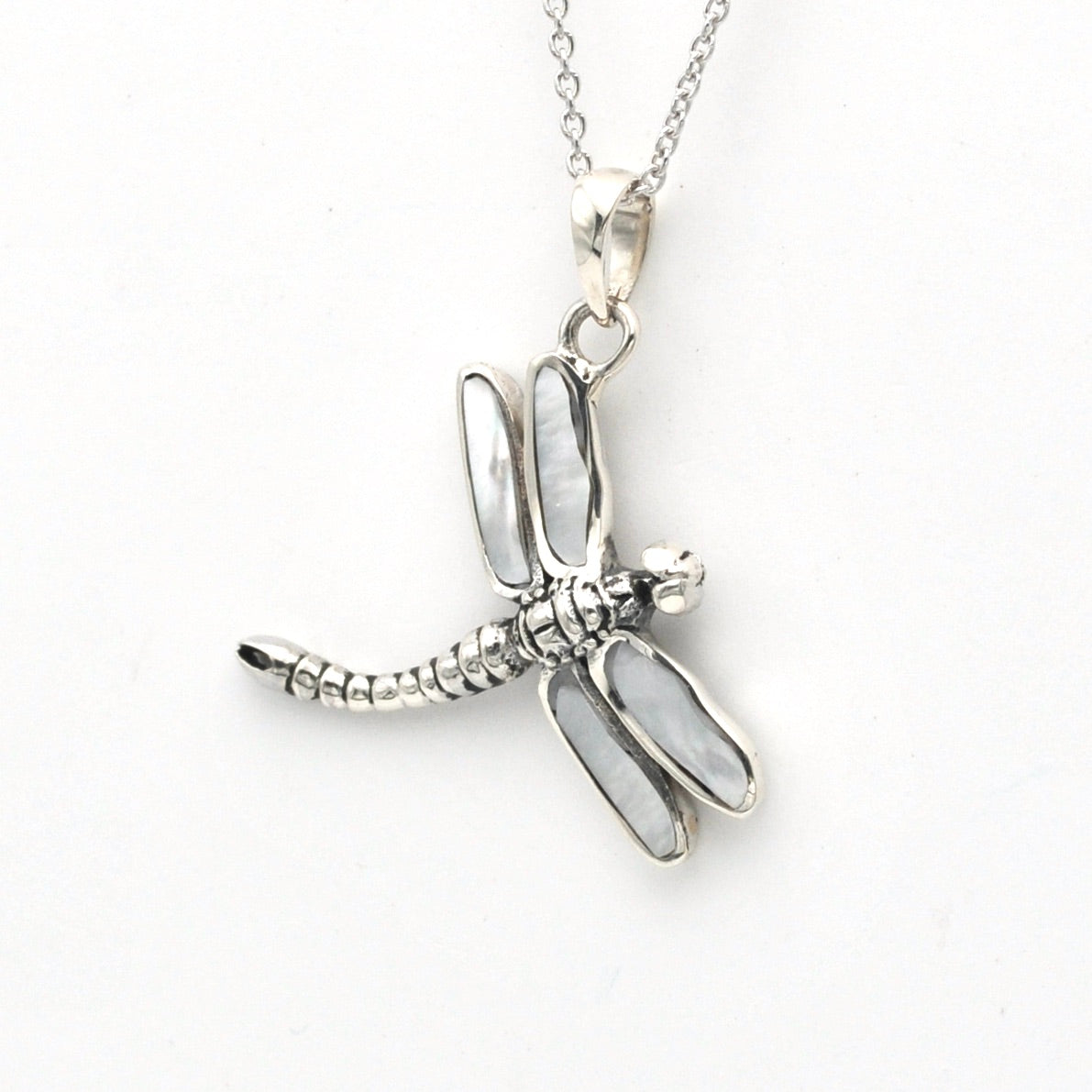 Side View Silver Mother of Pearl Dragonfly Necklace