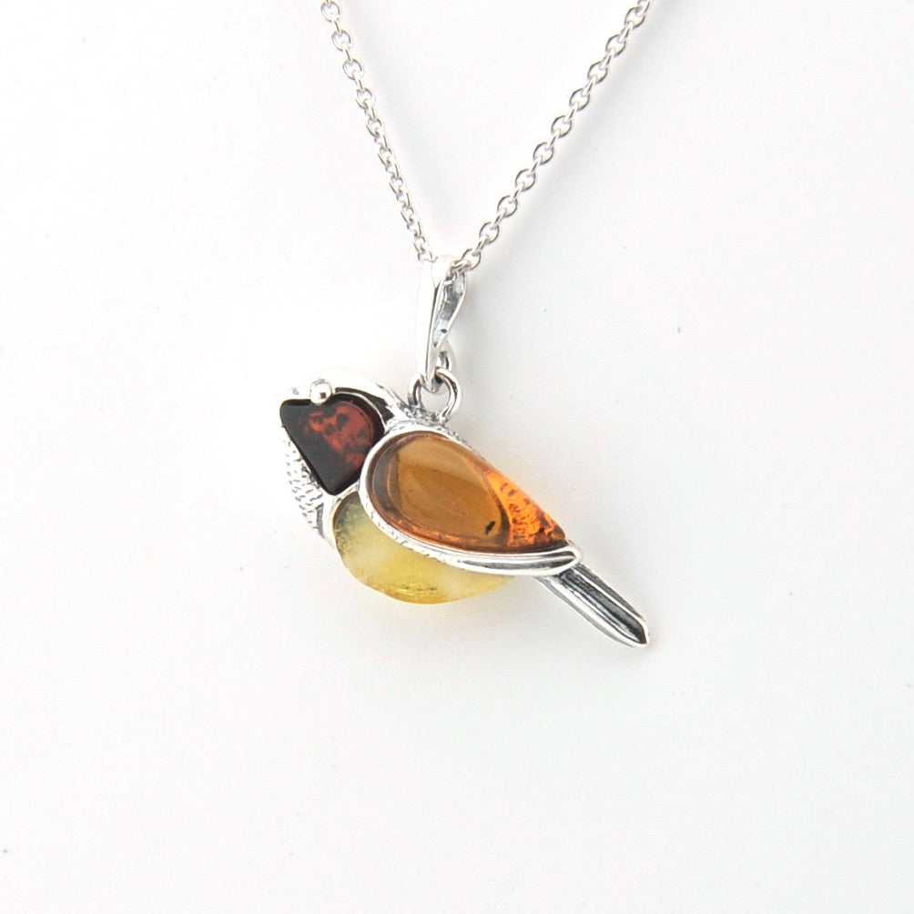 Amber and silver pendant necklace on a white background