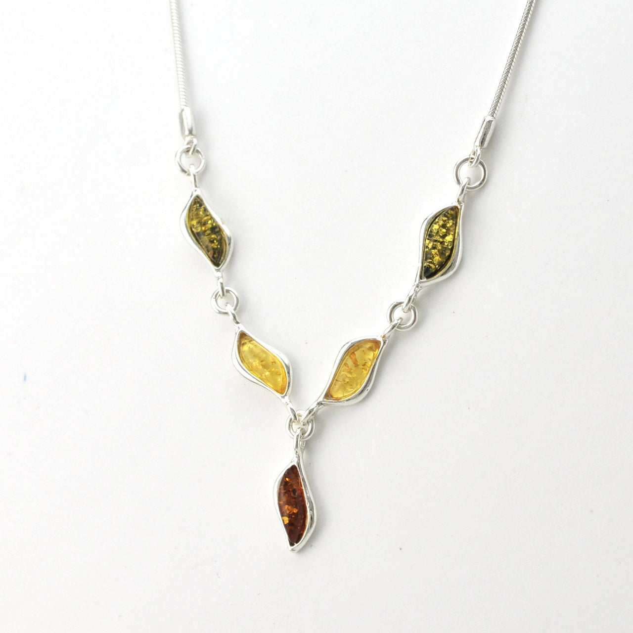 Side View Silver Multicolored Baltic Amber Wavy Marquise Necklace