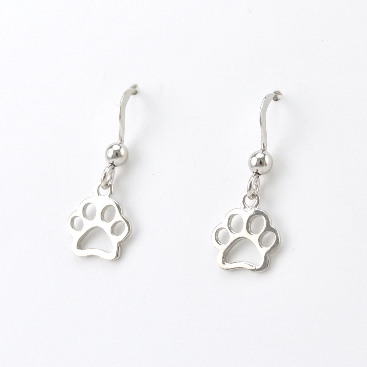 Side View Silver Paw Print Dangle Earrings