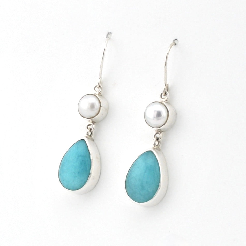 Silver Pearl Amazonite Tear Dangle Earrings on white background