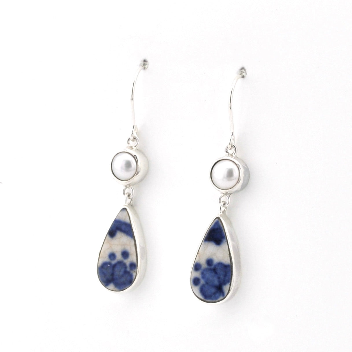 Silver Pearl Blue Vintage Porcelain Dangle Earrings on white background