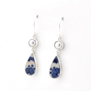 Silver Pearl Blue Vintage Porcelain Dangle Earrings on white background