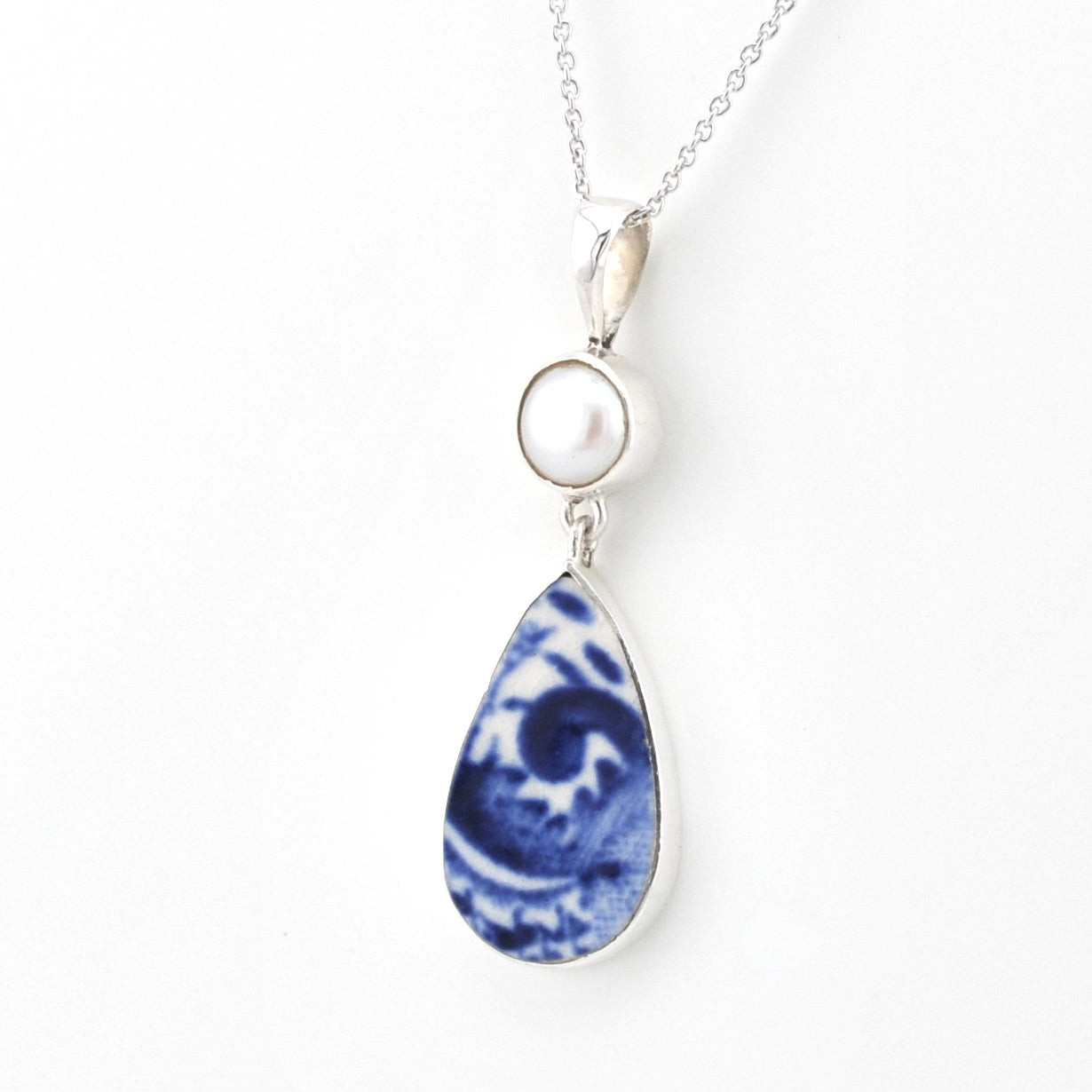 Silver Pearl Blue Vintage Porcelain Necklace on white background