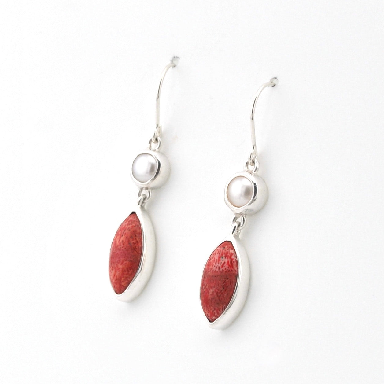 Silver Pearl Coral Marquise Earrings on white background
