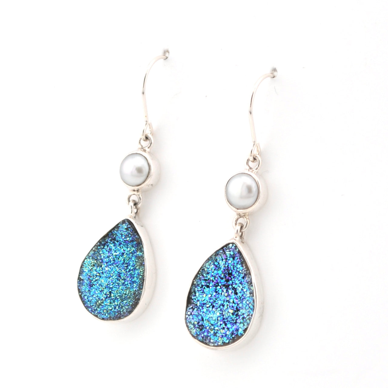Side View Silver Pearl Druzy Agate Earrings