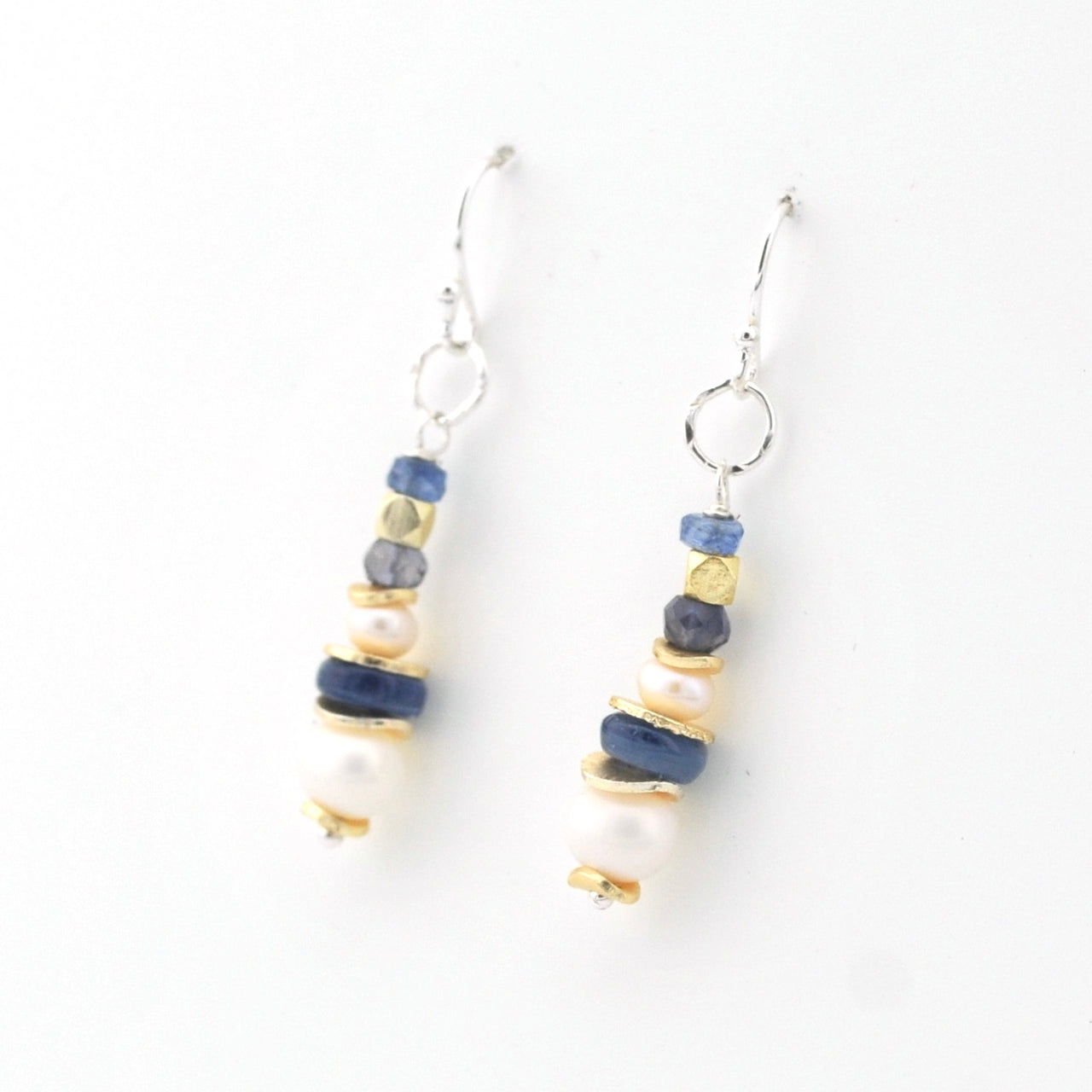 Side View Silver Pearl Kyanite Dangle Earrings