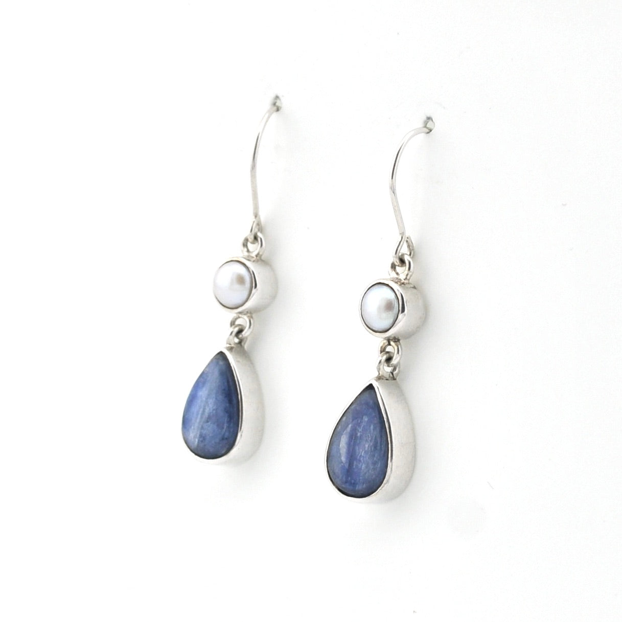 Side View Silver Pearl Kyanite Tear Earrings