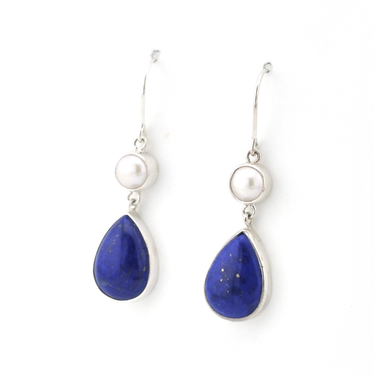 Silver Pearl Lapis Tear Dangle Earrings on white background
