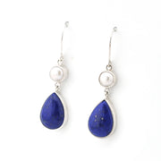 Silver Pearl Lapis Tear Dangle Earrings on white background