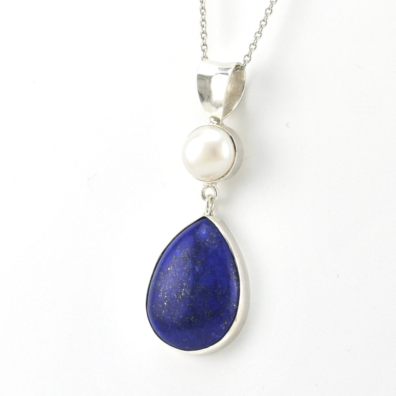 Side View Silver Pearl Lapis Tear Necklace