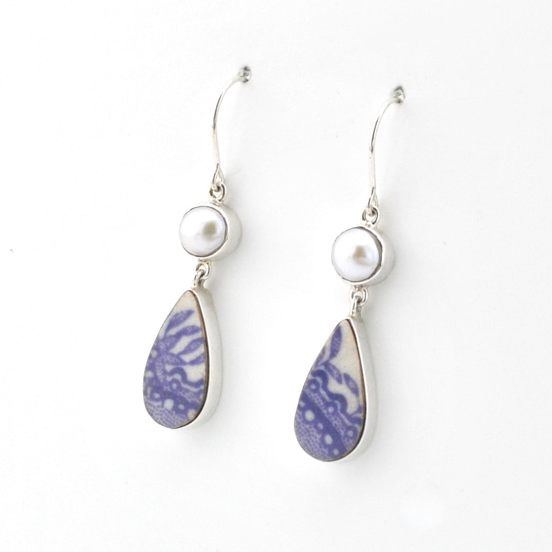 Silver Pearl Lavender Vintage Porcelain Dangle Earrings on white background