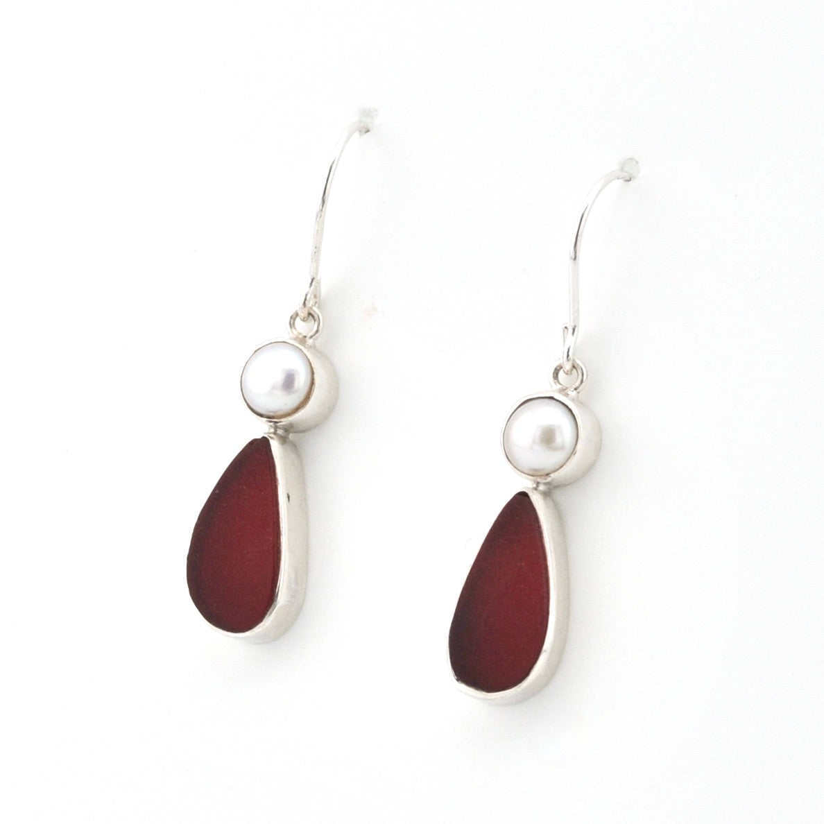 Silver Pearl Red Sea Glass Earrings on white background