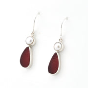 Silver Pearl Red Sea Glass Earrings on white background