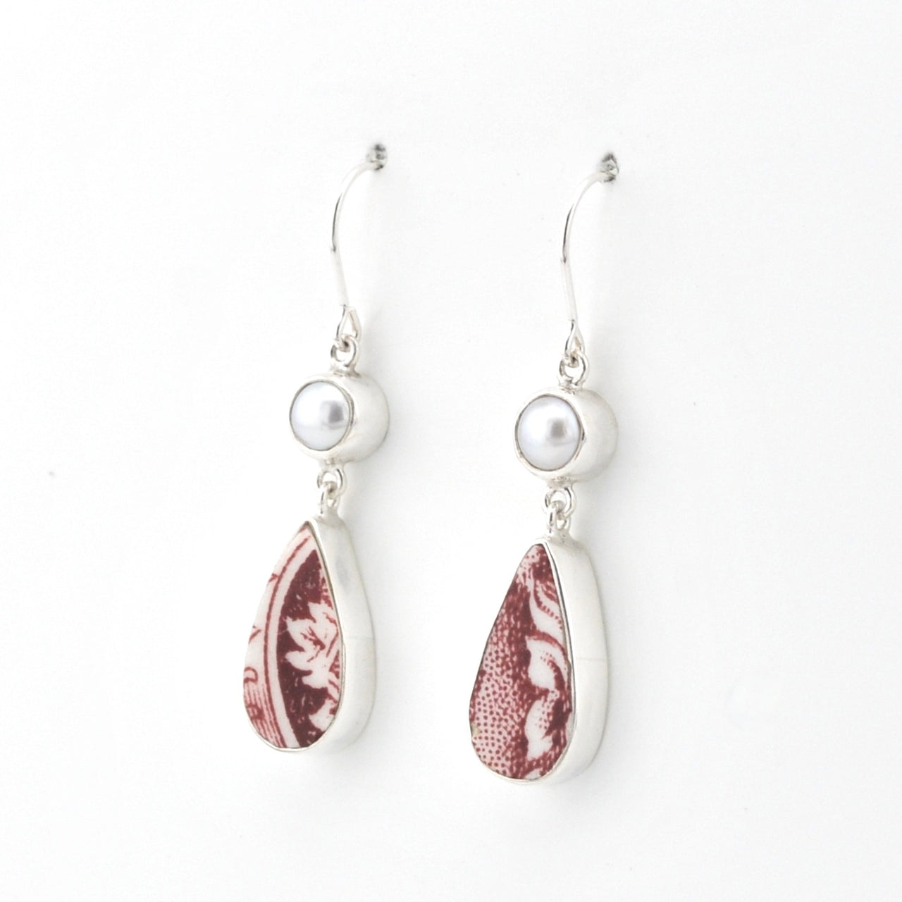 Silver Pearl Red Vintage Porcelain Dangle Earrings on white background