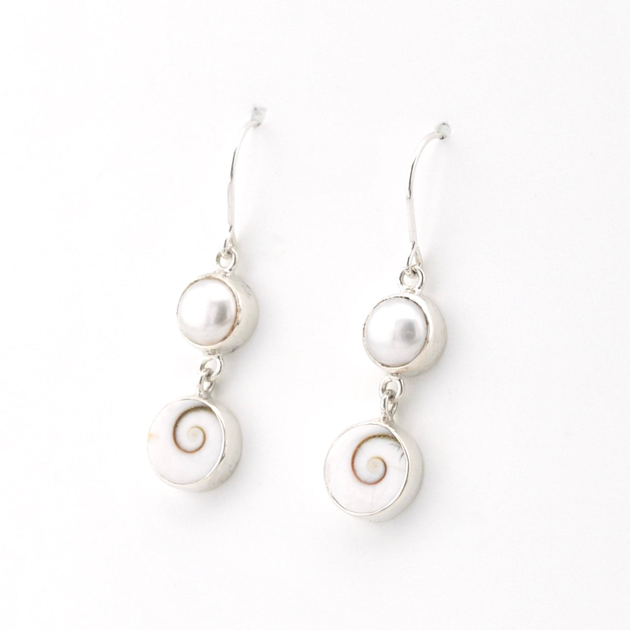 Silver Pearl Shiva Shell Earrings on white background