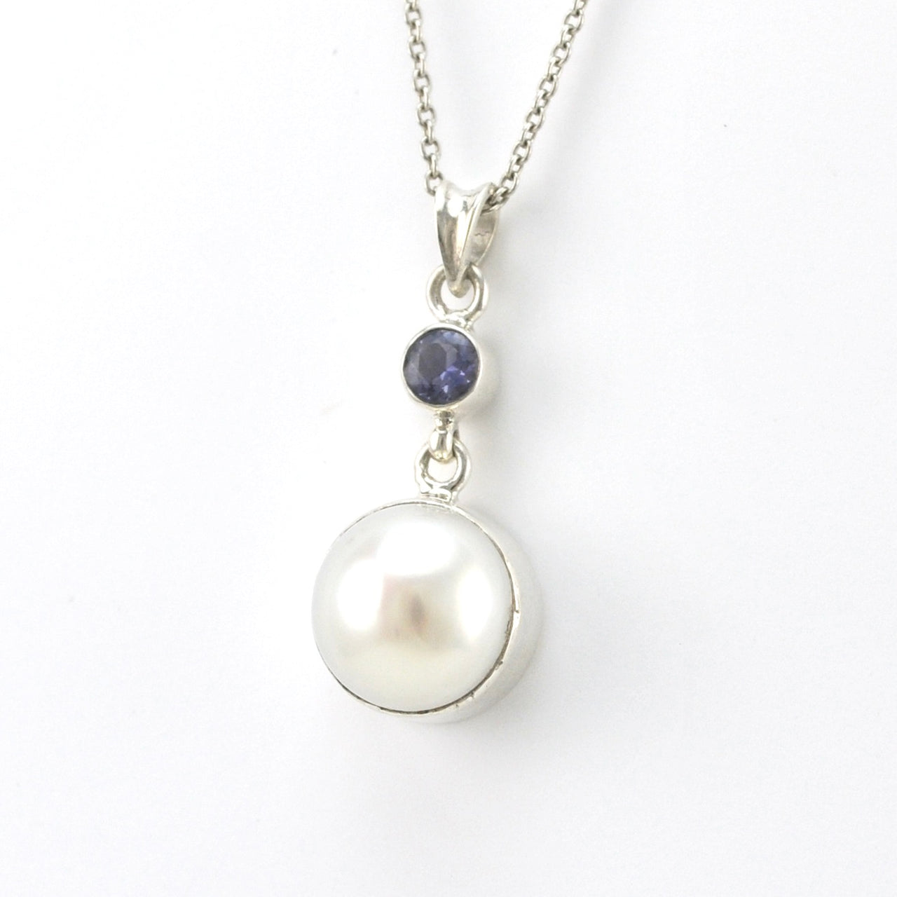 Side View Silver Pearl Tanzanite Necklace