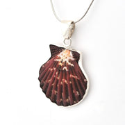 Shell-shaped pendant on a chain against a white background