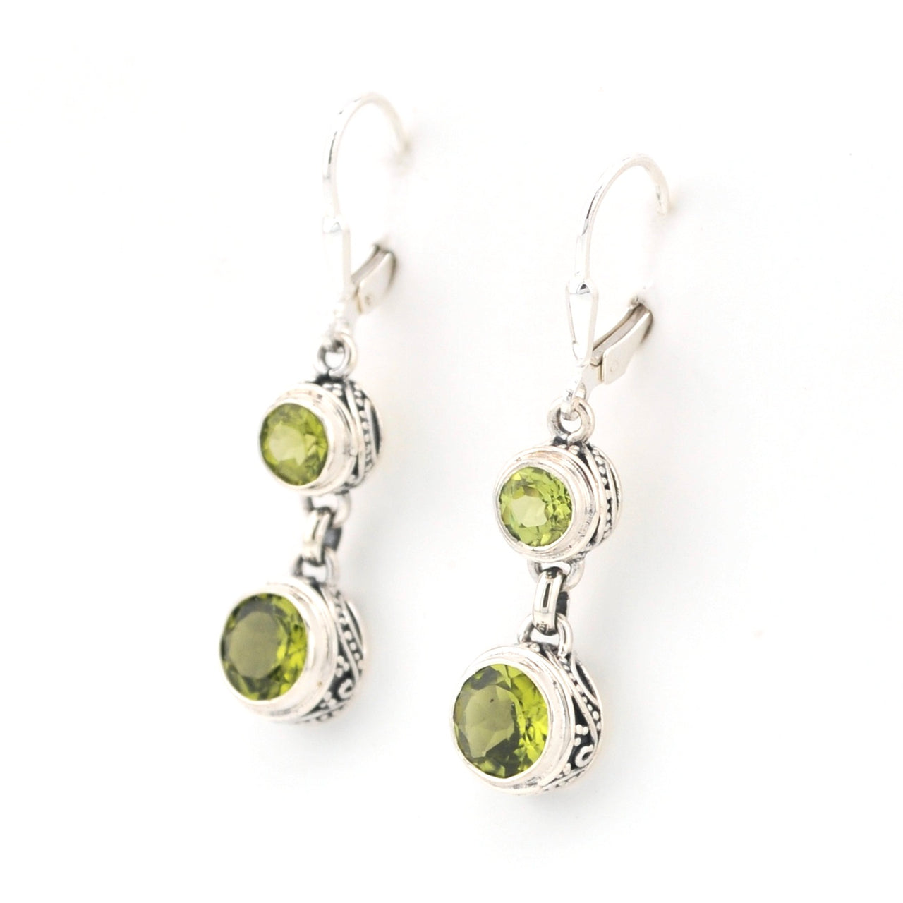 Side View Silver Peridot 2 Round Bali Dangle Earrings