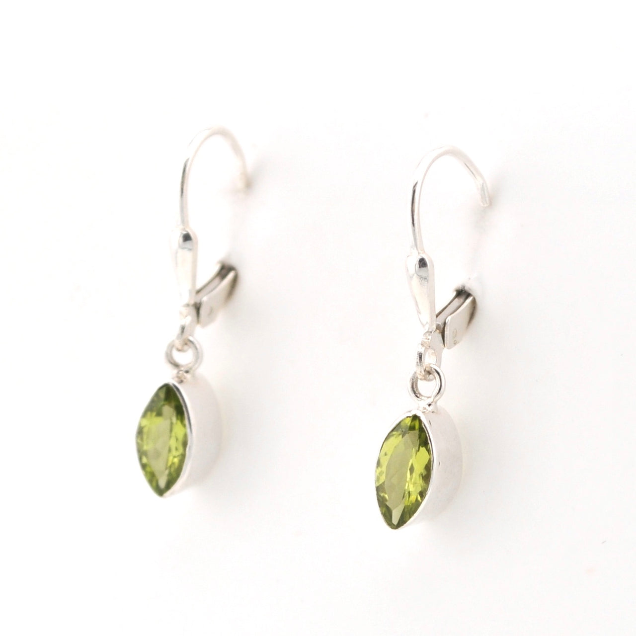 Side View Silver Peridot 4X8mm Marquise Dangle Earrings