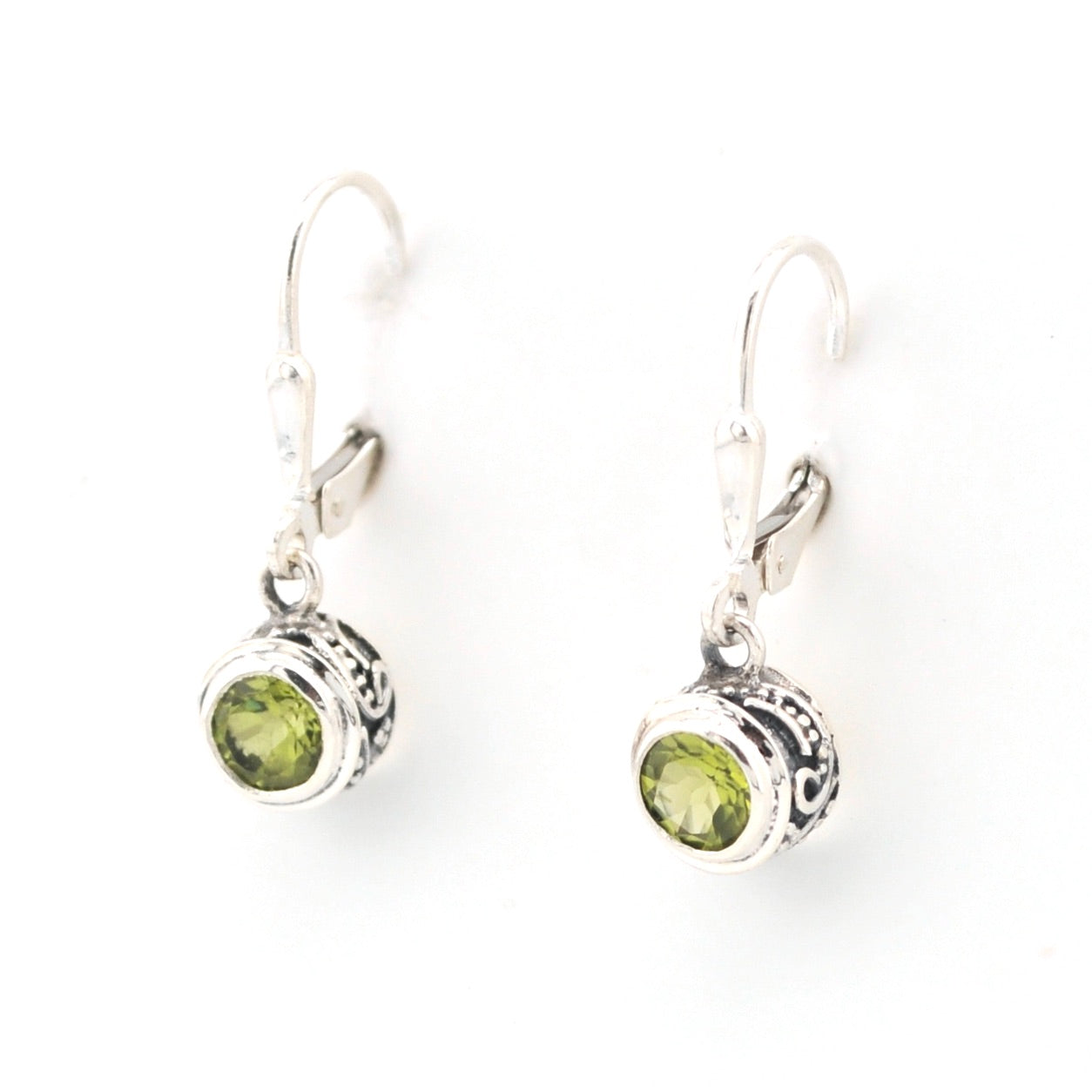 Side View Silver Peridot 5mm Round Bali Dangle Earrings