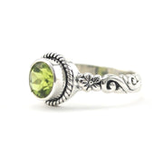 Side View Silver Peridot 7mm Round Bali Scroll Ring