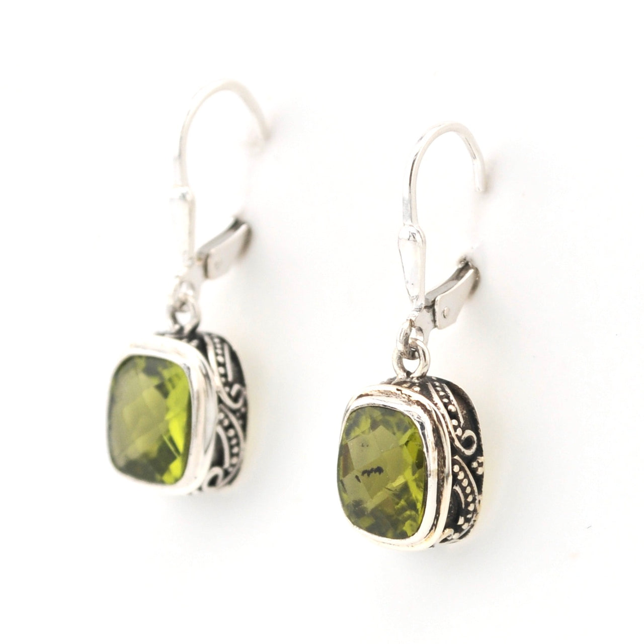 Side View Silver Peridot 7x9mm Rectangle Bali Dangle Earrings