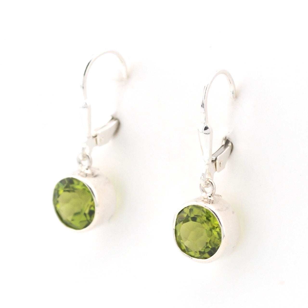 Side View Silver Peridot 8mm Round Dangle Earrings