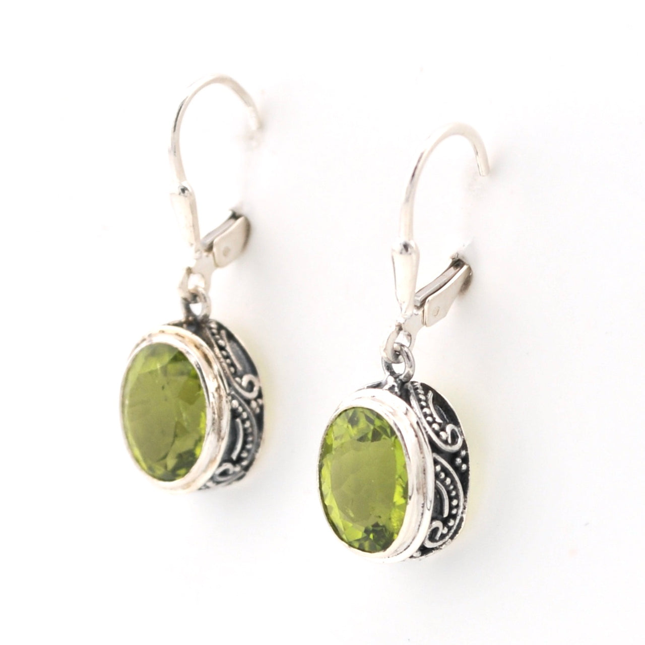 Side View Silver Peridot 8x10mm Oval Bali Earrings