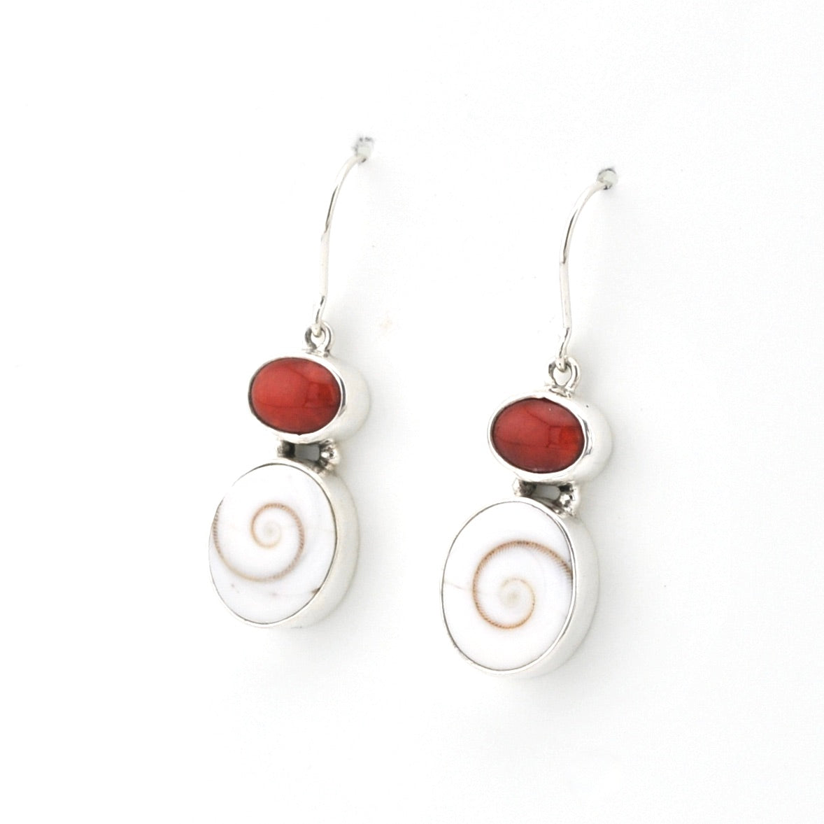 Silver Red Coral Shiva Shell Earrings on white background