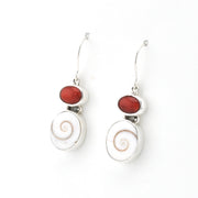 Silver Red Coral Shiva Shell Earrings on white background