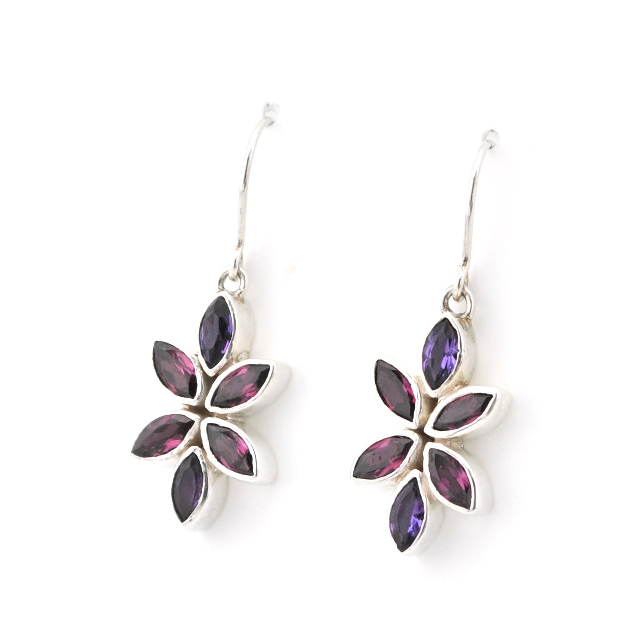 Silver Rhodolite Amethyst Small Flower Earrings on white background.