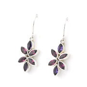 Silver Rhodolite Amethyst Small Flower Earrings on white background.