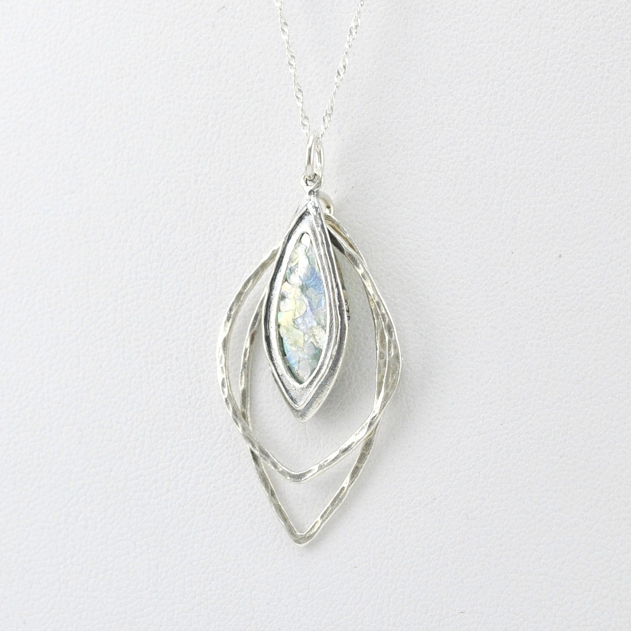 Side View Silver Roman Glass 3 Marquise Necklace