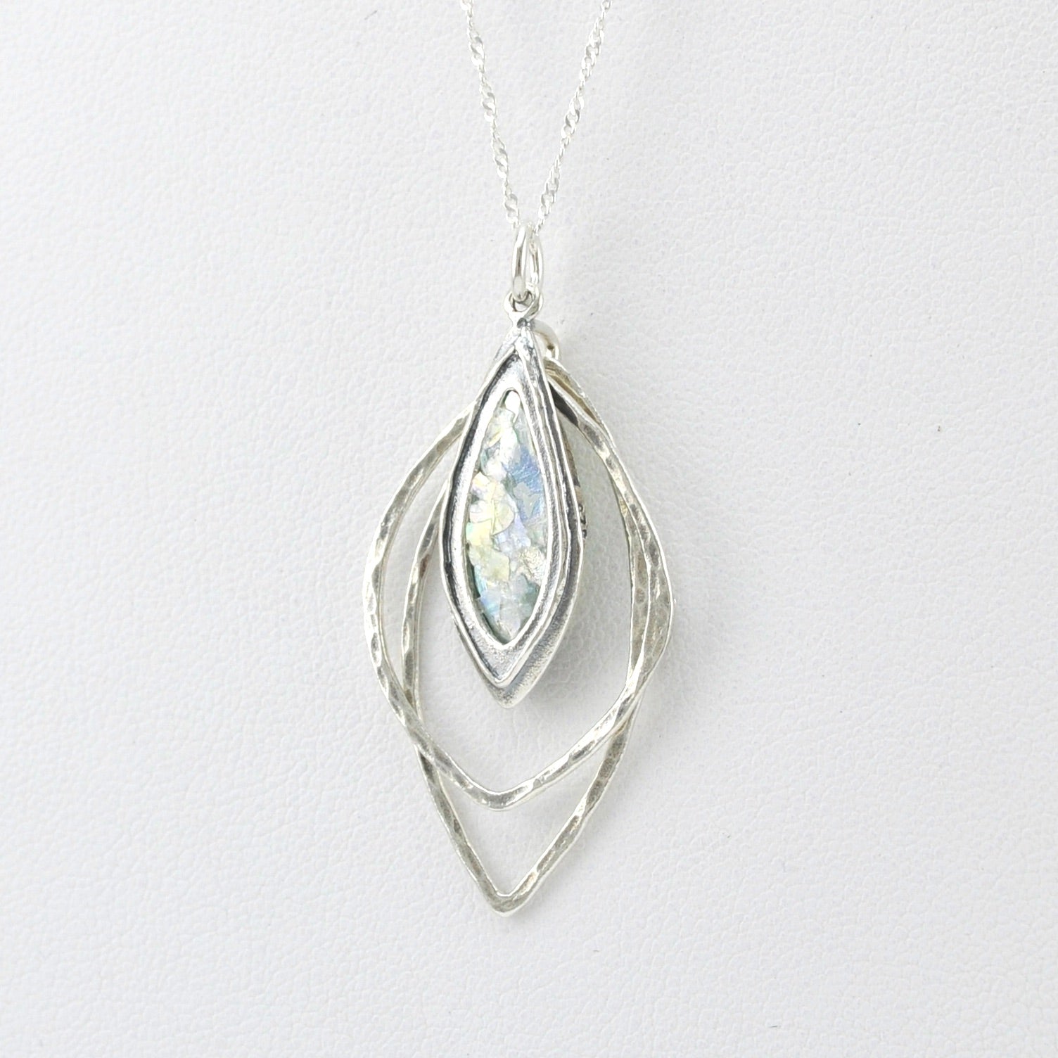 Side View Silver Roman Glass 3 Marquise Necklace