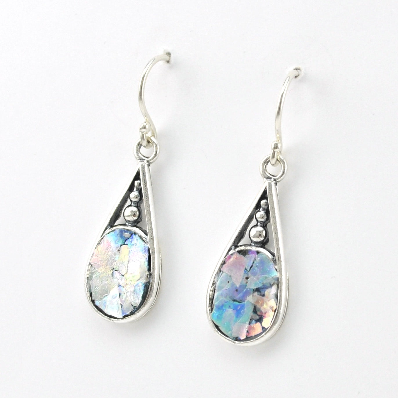 Side View Silver Roman Glass Oval Earrings