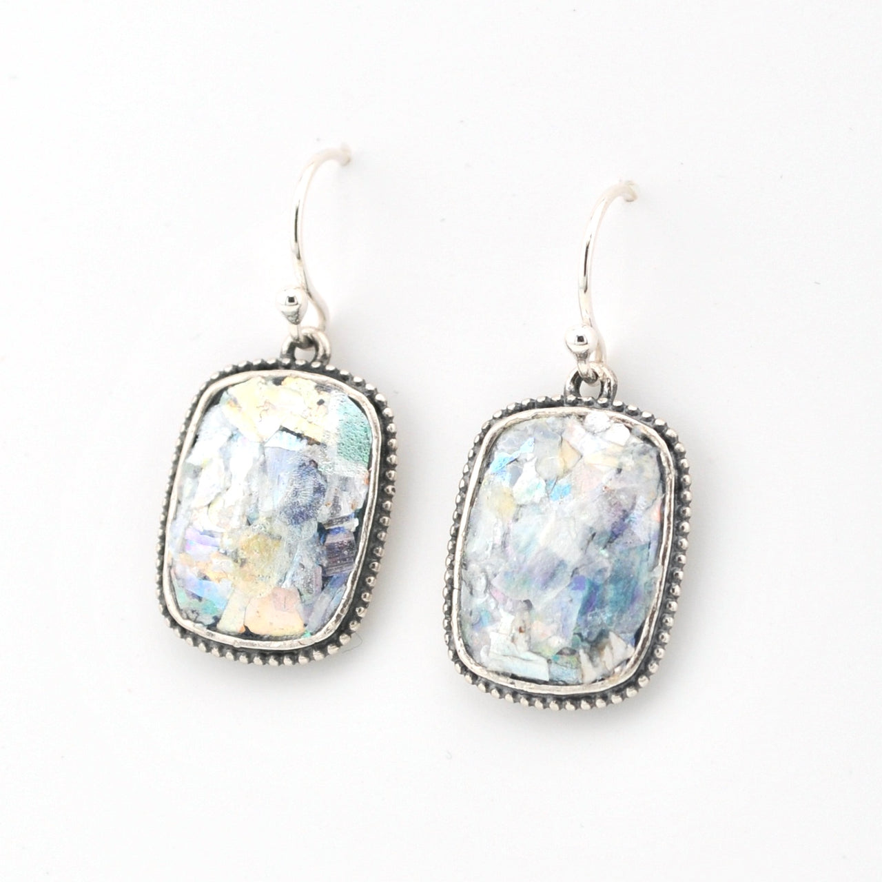 Side View Silver Roman Glass Rectangle Dangle Earrings