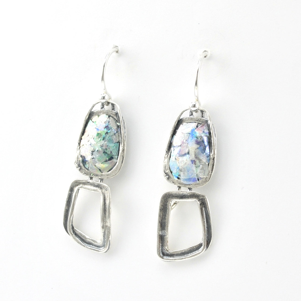 Side View Silver Roman Glass Rectangular Dangle Earrings