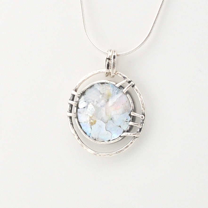 Side View  Silver Roman Glass Round Circle Necklace