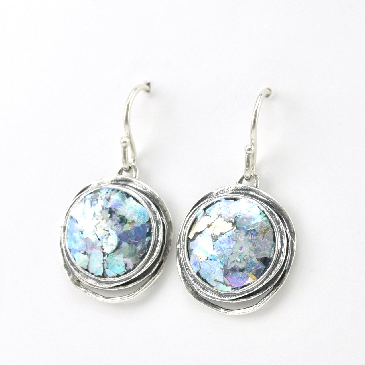 Side View Silver Roman Glass Round Dangle Earrings