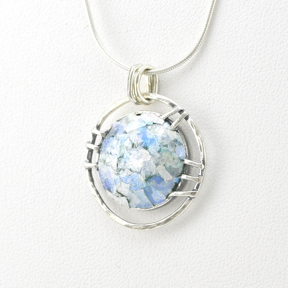 Side View Silver Roman Glass Round Necklace