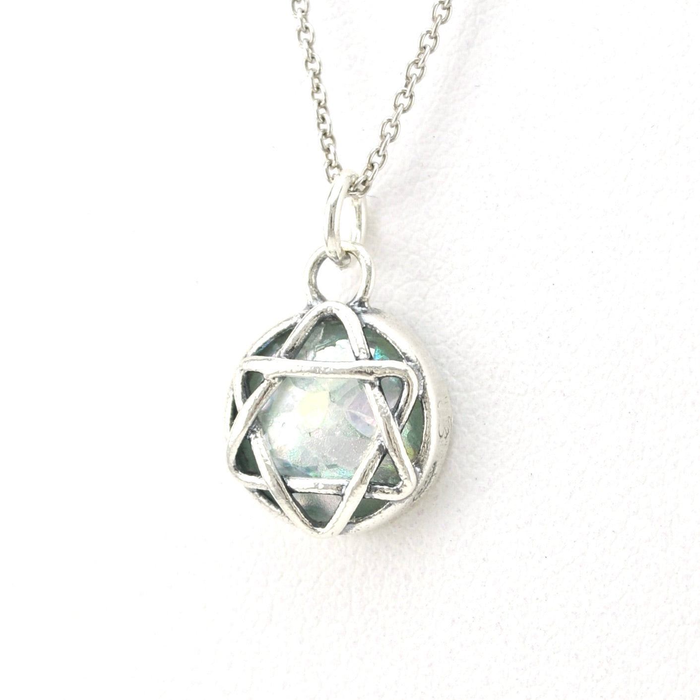 Side View Silver Roman Glass Round Star of David Pendant