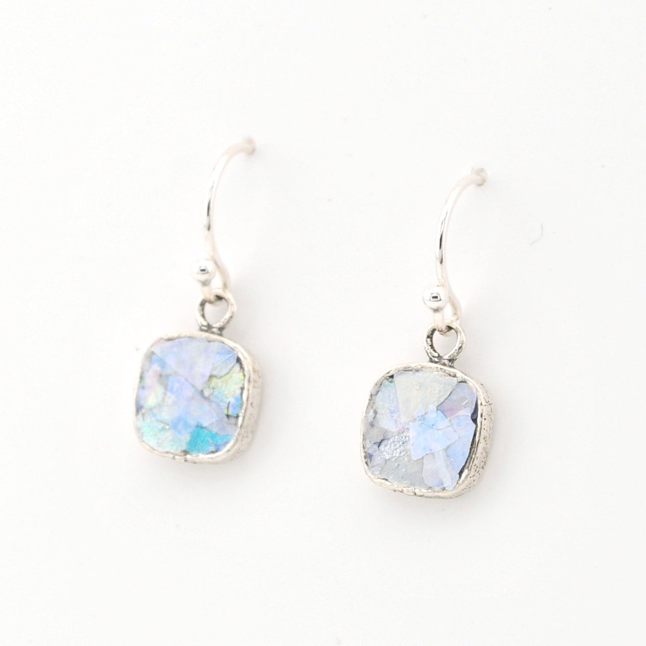 Side View Silver Roman Glass Square Dangle Earrings