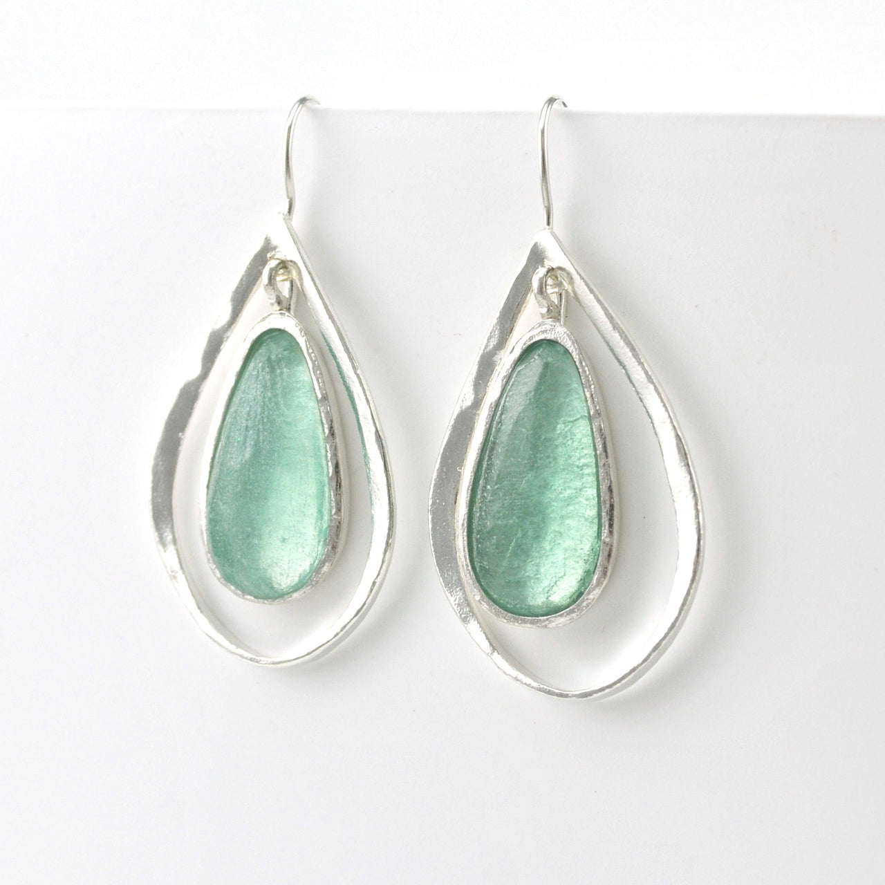 Side View Silver Roman Glass Tear in Silver Tear Dangle Earring