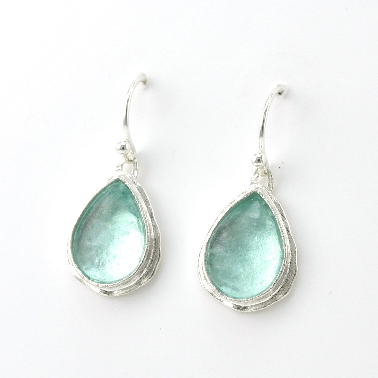 Side View Silver Roman Glass Teardrop Dangle Earrings